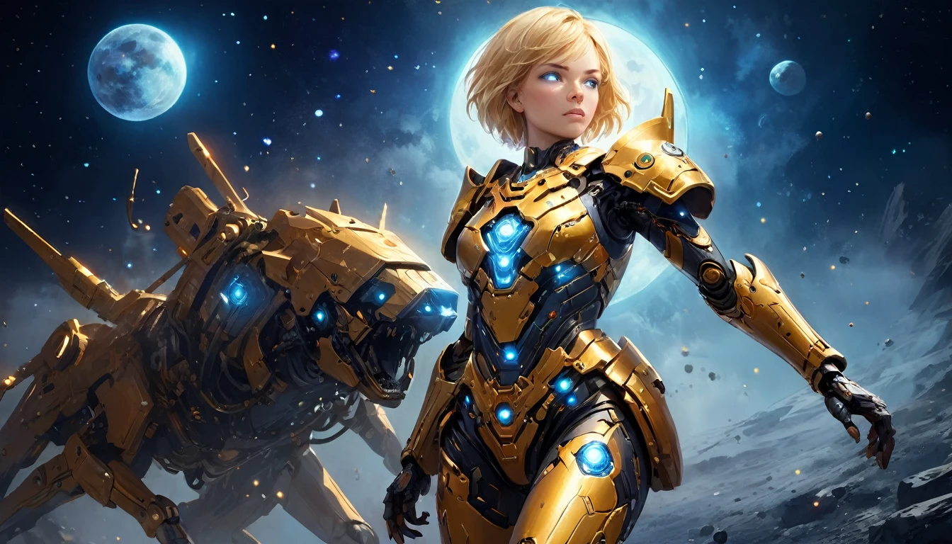 a human female mech warrior im Kampf on a moon in space, Ganzkörperaufnahme, Action-Aufnahme, eine knallharte und schöne Mech-Kriegerin, kurze blonde Haare, dynamische Augenfarbe, aufmerksamer Blick, Extrem detailliert face, bestes detailliertes Gesicht, Sie trägt eine Mech-Rüstung, und massive Sci-Fi-Waffe, im Kampf, Weltraumhintergrund, Sterne, beschwingt, ultrahohe Auflösung, Hoher Kontrast, (Meisterwerk:1.5), höchste Qualität, Beste Ästhetik), beste Details, beste Qualität, highres, (Ultraweitwinkel: 1.2), 16k, Extrem detailliert, Meisterwerk, beste Qualität, (Extrem detailliert),aetherpunkai, Mechanische Kreaturen, 