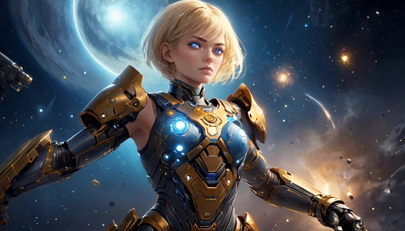 a human female mech warrior im Kampf on a moon in space, Ganzkörperaufnahme, Action-Aufnahme, eine knallharte und schöne Mech-Kriegerin, kurze blonde Haare, dynamische Augenfarbe, aufmerksamer Blick, Extrem detailliert face, bestes detailliertes Gesicht, Sie trägt eine Mech-Rüstung, und massive Sci-Fi-Waffe, im Kampf, Weltraumhintergrund, Sterne, beschwingt, ultrahohe Auflösung, Hoher Kontrast, (Meisterwerk:1.5), höchste Qualität, Beste Ästhetik), beste Details, beste Qualität, highres, (Ultraweitwinkel: 1.2), 16k, Extrem detailliert, Meisterwerk, beste Qualität, (Extrem detailliert),aetherpunkai, Mechanische Kreaturen, 