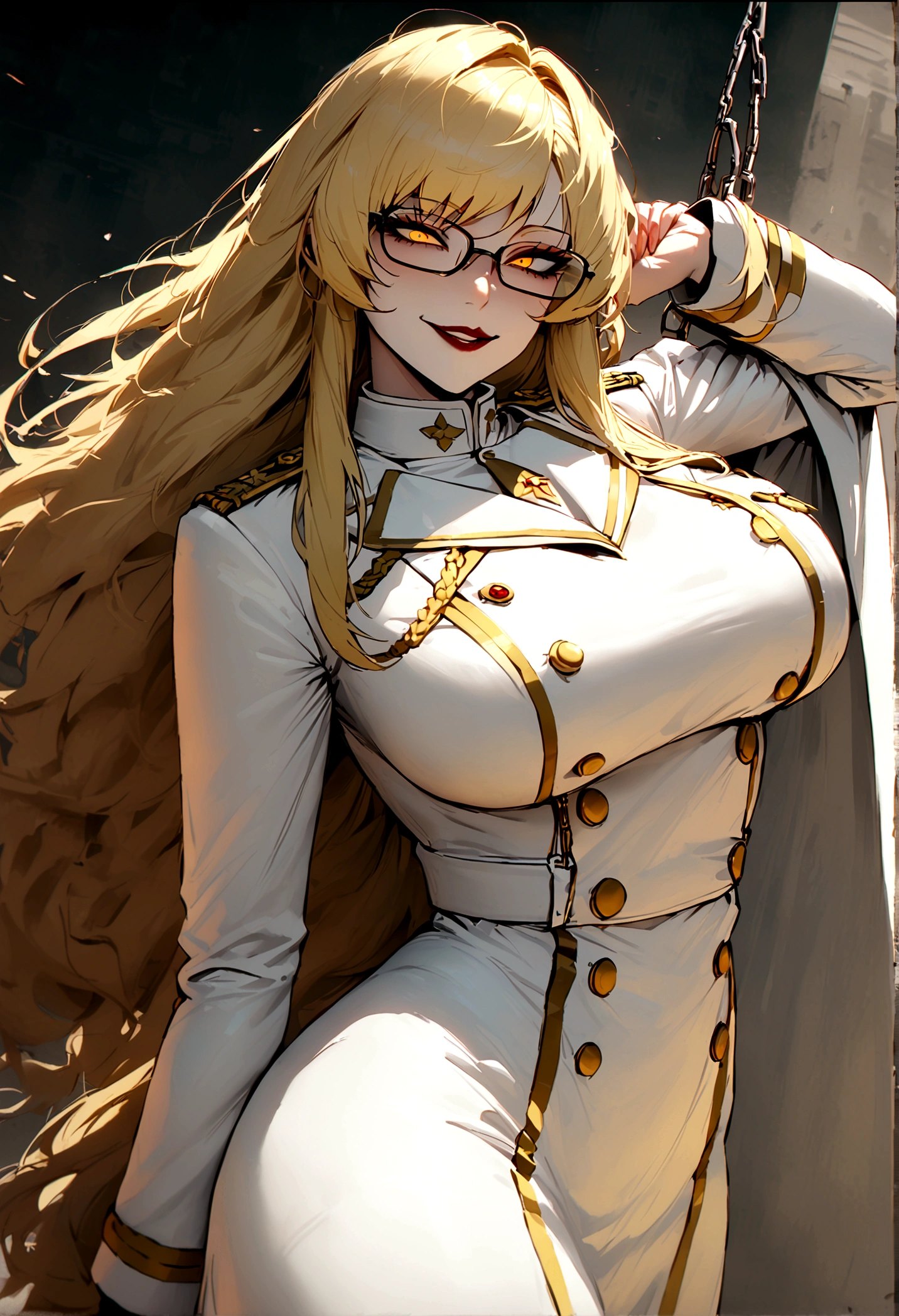 tall woman, volumptious body, long blonde hair, glasses, seductive smile, evil smile, evil eyes, yellow eyes, white military uniform, white coat hanging on the shoulder, deepgrab