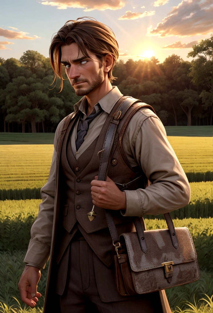 Here is the prompt for the fifth scene:

---

Thomas stands alone in his field, holding the purse with a determined look on his weathered face. He has decided to find the owner of the purse. Thomas is wearing his simple, traditional European farming clothes. The golden crops surround him, and the sun is setting, casting long shadows and a warm glow over the scene. His expression shows his resolve and integrity as he prepares to leave the field. (good quality:1.2), (Ultradetailed:1.2), (ultradetailed face:1.2), (ultradetailed body:1.2)

---