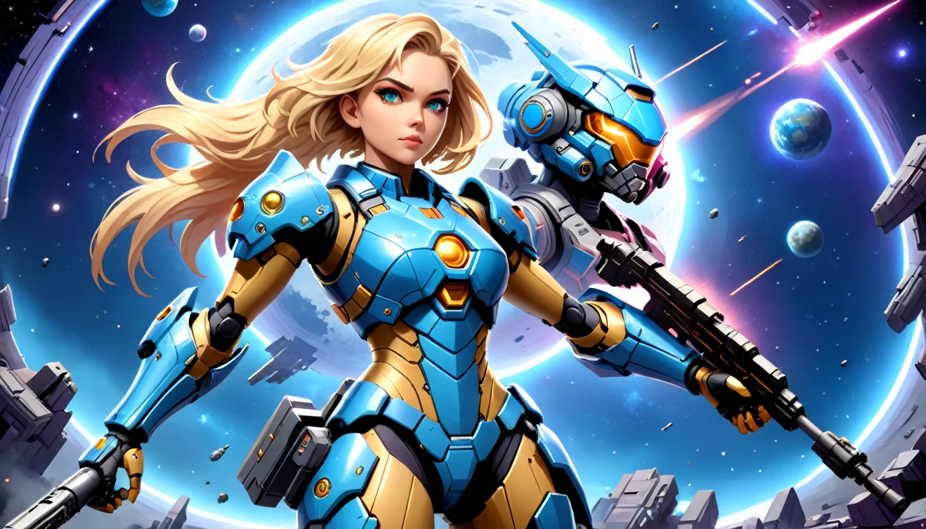 a human female mech warrior in battle on a moon in space, full body shot, action shot, a tough and beautiful female mech warrior, short blond hair, dynamic eye color, intent gaze, ultra detailed face, best detailed face, she wears mech armor, and massive sci-fi gun, in battle, outer space background, stars, vibrant, Ultra-high resolution, High Contrast, (masterpiece:1.5), highest quality, Best aesthetics), best details, best quality, highres, (ultra wide angle: 1.2), 16k, ultra detailed, masterpiece, best quality, (extremely detailed),aetherpunkai, Mechanical Creatures, 