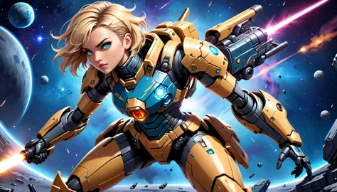 a human female mech warrior in battle on a moon in space, full body shot, action shot, a tough and beautiful female mech warrior...