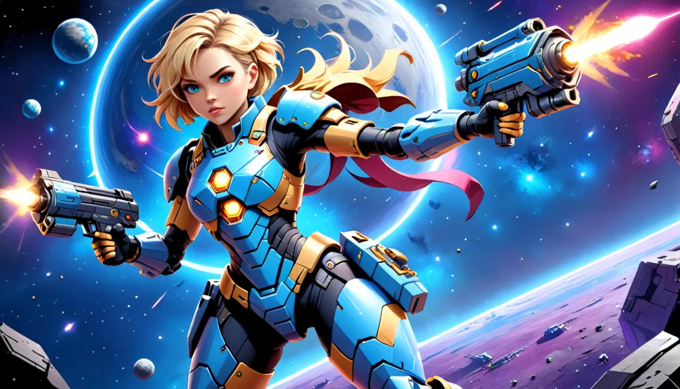 a human female mech warrior in battle on a moon in space, full body shot, action shot, a tough and beautiful female mech warrior, short blond hair, dynamic eye color, intent gaze, ultra detailed face, best detailed face, she wears mech armor, and massive sci-fi gun, in battle, outer space background, stars, vibrant, Ultra-high resolution, High Contrast, (masterpiece:1.5), highest quality, Best aesthetics), best details, best quality, highres, (ultra wide angle: 1.2), 16k, ultra detailed, masterpiece, best quality, (extremely detailed),aetherpunkai, Mechanical Creatures, 