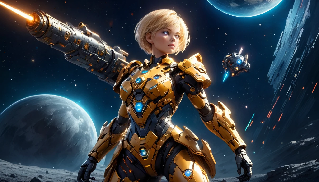 a human female mech warrior 戦闘中 on a moon in space, 全身ショット, アクションショット, タフで美しい女性メカ戦士, 短いブロンドの髪, ダイナミックな目の色, 真剣な視線, 超詳細 face, 最も詳細な顔, 彼女はメカの鎧を着ている, そして巨大なSF銃, 戦闘中, 宇宙背景, 出演者, 活気のある, 超高解像度, ハイコントラスト, (傑作:1.5), 最高品質, 最高の美学), 最高の詳細, 最高品質, 高解像度, (超広角: 1.2), 16k, 超詳細, 傑作, 最高品質, (非常に詳細な),エーテルパンカ, 機械生物, 