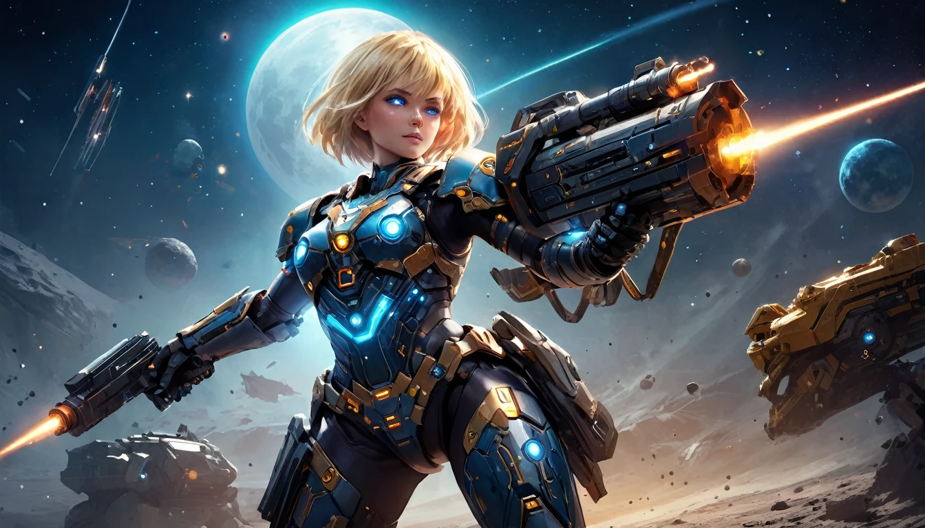 a human female mech warrior En batalla on a moon in space, tiro de cuerpo completo, secuencia de imágenes de algo ó alguien en movimiento, una guerrera mecánica dura y hermosa, Pelo rubio corto, color de ojos dinámico, mirada atenta, ultra detallado face, mejor cara detallada, ella usa armadura mech, y enorme arma de ciencia ficción, En batalla, fondo del espacio exterior, estrellas, vibrante, Resolución ultraalta, alto contraste, (obra maestra:1.5), de la máxima calidad, Mejor estetica), mejores detalles, mejor calidad, alta resolución, (Ultra gran angular: 1.2), 16k, ultra detallado, obra maestra, mejor calidad, (extremadamente detallado),AetherpunkAI, criaturas mecánicas, 