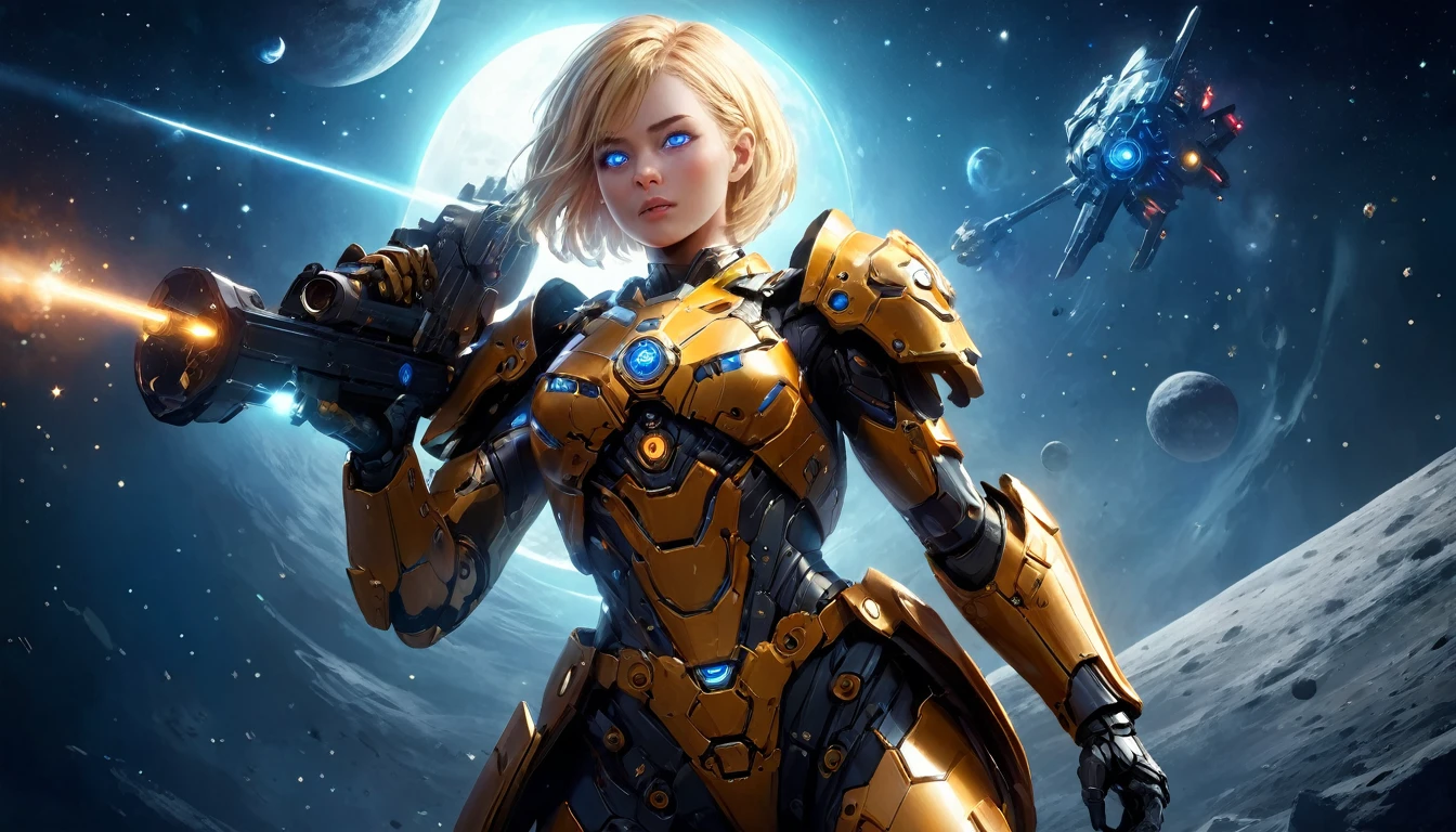 a human female mech warrior im Kampf on a moon in space, Ganzkörperaufnahme, Action-Aufnahme, eine knallharte und schöne Mech-Kriegerin, kurze blonde Haare, dynamische Augenfarbe, aufmerksamer Blick, Extrem detailliert face, bestes detailliertes Gesicht, Sie trägt eine Mech-Rüstung, und massive Sci-Fi-Waffe, im Kampf, Weltraumhintergrund, Sterne, beschwingt, ultrahohe Auflösung, Hoher Kontrast, (Meisterwerk:1.5), höchste Qualität, Beste Ästhetik), beste Details, beste Qualität, highres, (Ultraweitwinkel: 1.2), 16k, Extrem detailliert, Meisterwerk, beste Qualität, (Extrem detailliert),aetherpunkai, Mechanische Kreaturen, 