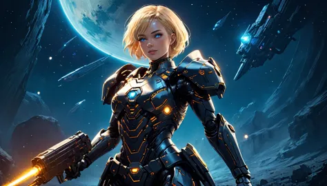 a human female mech warrior in battle on a moon in space, full body shot, action shot, a tough and beautiful female mech warrior...