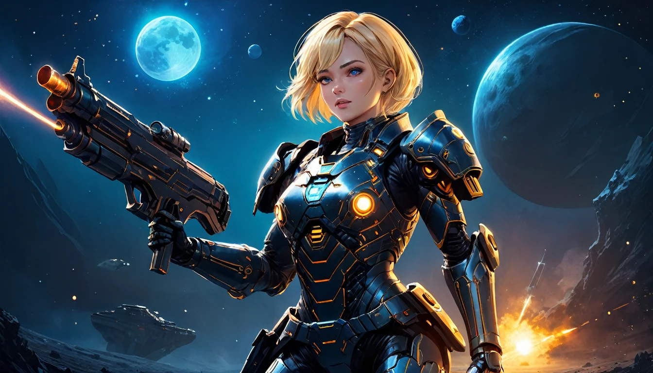 a human female mech warrior 戦闘中 on a moon in space, 全身ショット, アクションショット, タフで美しい女性メカ戦士, 短いブロンドの髪, ダイナミックな目の色, 真剣な視線, 超詳細 face, 最も詳細な顔, 彼女はメカの鎧を着ている, そして巨大なSF銃, 戦闘中, 宇宙背景, 出演者, 活気のある, 超高解像度, ハイコントラスト, (傑作:1.5), 最高品質, 最高の美学), 最高の詳細, 最高品質, 高解像度, (超広角: 1.2), 16k, 超詳細, 傑作, 最高品質, (非常に詳細な),ダークノベル, 機械生物, 