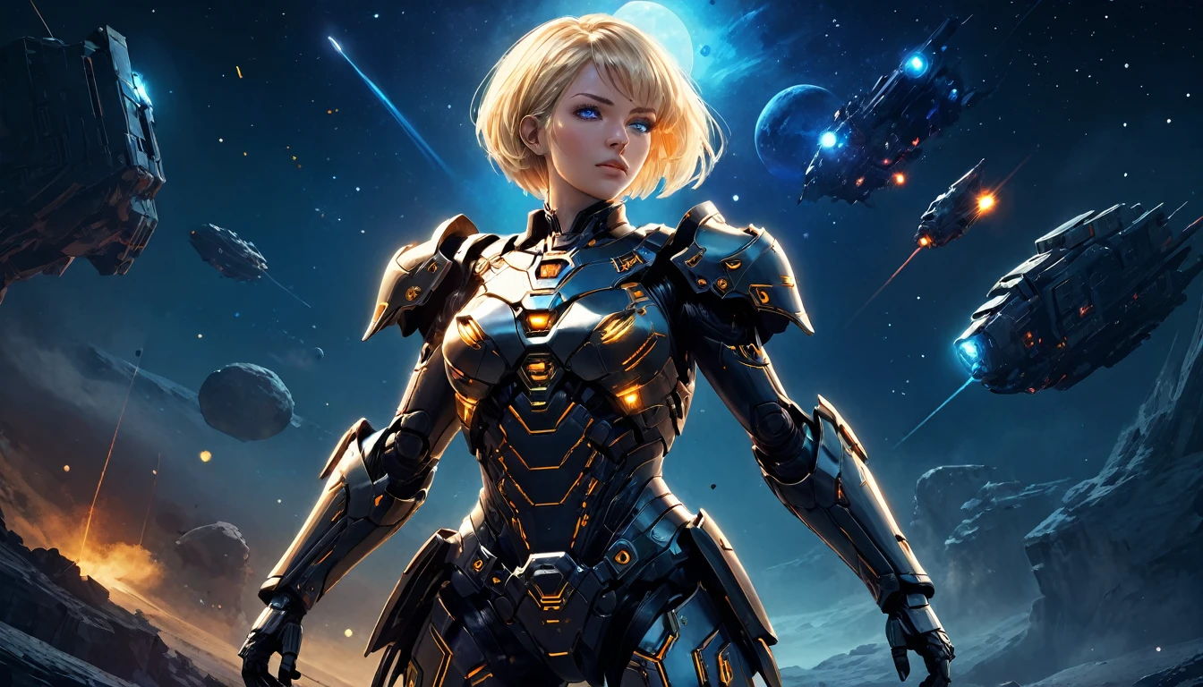 a human female mech warrior im Kampf on a moon in space, Ganzkörperaufnahme, Action-Aufnahme, eine knallharte und schöne Mech-Kriegerin, kurze blonde Haare, dynamische Augenfarbe, aufmerksamer Blick, Extrem detailliert face, bestes detailliertes Gesicht, Sie trägt eine Mech-Rüstung, und massive Sci-Fi-Waffe, im Kampf, Weltraumhintergrund, Sterne, beschwingt, ultrahohe Auflösung, Hoher Kontrast, (Meisterwerk:1.5), höchste Qualität, Beste Ästhetik), beste Details, beste Qualität, highres, (Ultraweitwinkel: 1.2), 16k, Extrem detailliert, Meisterwerk, beste Qualität, (Extrem detailliert),dunkler Roman, Mechanische Kreaturen, 