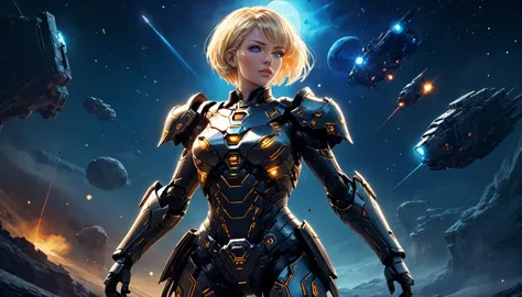 a human female mech warrior in battle on a moon in space, full body shot, action shot, a tough and beautiful female mech warrior...