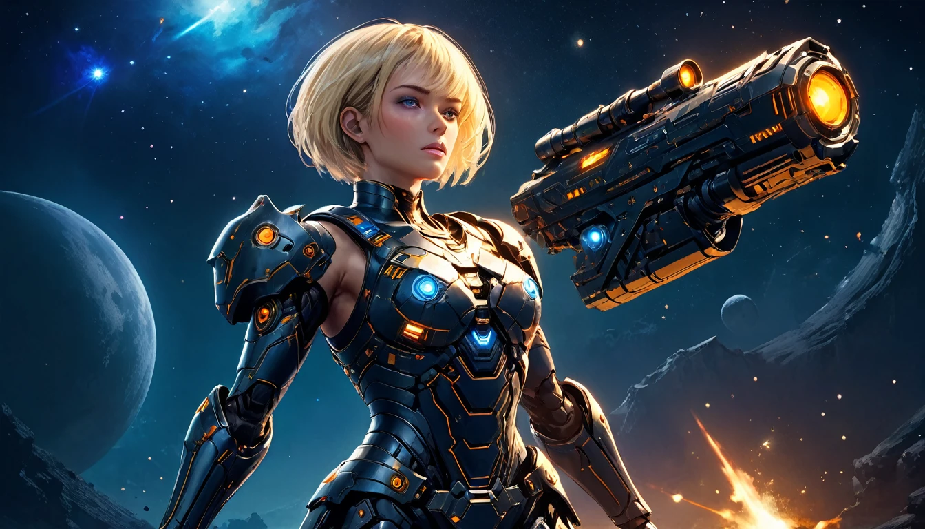 a human female mech warrior im Kampf on a moon in space, Ganzkörperaufnahme, Action-Aufnahme, eine knallharte und schöne Mech-Kriegerin, kurze blonde Haare, dynamische Augenfarbe, aufmerksamer Blick, Extrem detailliert face, bestes detailliertes Gesicht, Sie trägt eine Mech-Rüstung, und massive Sci-Fi-Waffe, im Kampf, Weltraumhintergrund, Sterne, beschwingt, ultrahohe Auflösung, Hoher Kontrast, (Meisterwerk:1.5), höchste Qualität, Beste Ästhetik), beste Details, beste Qualität, highres, (Ultraweitwinkel: 1.2), 16k, Extrem detailliert, Meisterwerk, beste Qualität, (Extrem detailliert),dunkler Roman, Mechanische Kreaturen, 