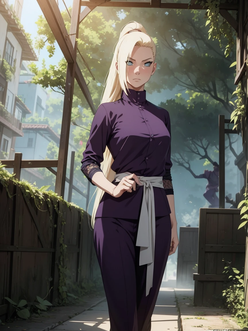 {-error_off_Anatomi:1.0} anime styling, Obra off arte, absurderes, Yamanaka Ino\(naruto\), 1 girl alone, Woman, perfect composition, offtalhado lips, beautiful  face, Body Proportion, blush, hair long blonde, blue colored eyes, purple blouse, purple pants, soft gauze, super realistico, offtalhado, sessão off fotos, Realistic faces and bodies, Obra off arte, melhor qualidaoff, Best illustration, hiper offtalhado, 1 Woman, standing alone, glamorous, blushful, trunk, fighting, about nature, Look at the view, poses dimânicas,