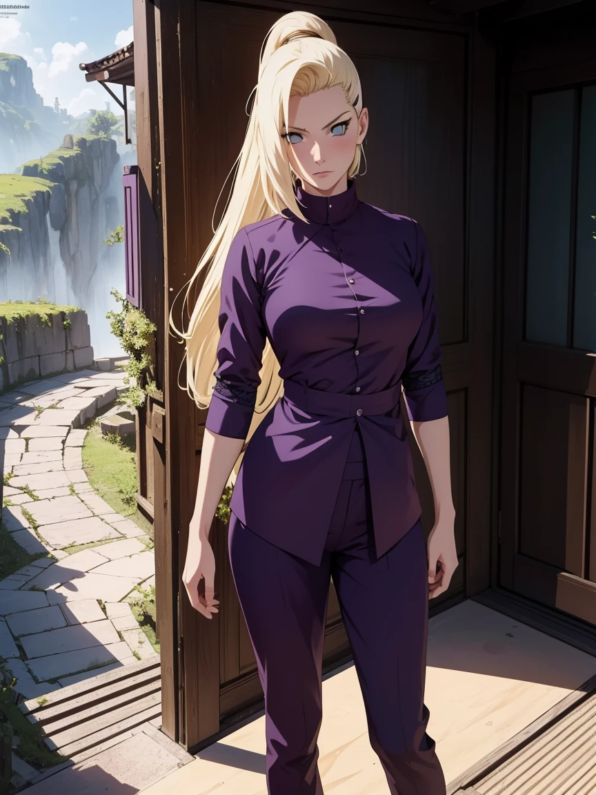 {-error_off_Anatomi:1.0} anime styling, Obra off arte, absurderes, Yamanaka Ino\(naruto\), 1 girl alone, Woman, perfect composition, offtalhado lips, beautiful  face, Body Proportion, blush, hair long blonde, blue colored eyes, purple blouse, purple pants, soft gauze, super realistico, offtalhado, sessão off fotos, Realistic faces and bodies, Obra off arte, melhor qualidaoff, Best illustration, hiper offtalhado, 1 Woman, standing alone, glamorous, blushful, trunk, fighting, about nature, Look at the view, poses dimânicas,