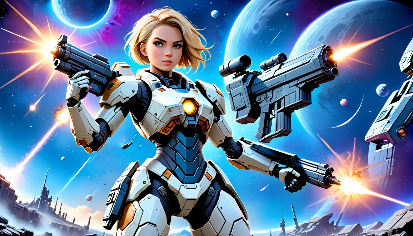 a human female mech warrior im Kampf on a moon in space, Ganzkörperaufnahme, Action-Aufnahme, eine knallharte und schöne Mech-Kriegerin, kurze blonde Haare, dynamische Augenfarbe, aufmerksamer Blick, Extrem detailliert face, bestes detailliertes Gesicht, Sie trägt eine Mech-Rüstung, und massive Sci-Fi-Waffe, im Kampf, Weltraumhintergrund, Sterne, beschwingt, ultrahohe Auflösung, Hoher Kontrast, (Meisterwerk:1.5), höchste Qualität, Beste Ästhetik), beste Details, beste Qualität, highres, (Ultraweitwinkel: 1.2), 16k, Extrem detailliert, Meisterwerk, beste Qualität, (Extrem detailliert),dunkler Roman, Mechanische Kreaturen, 