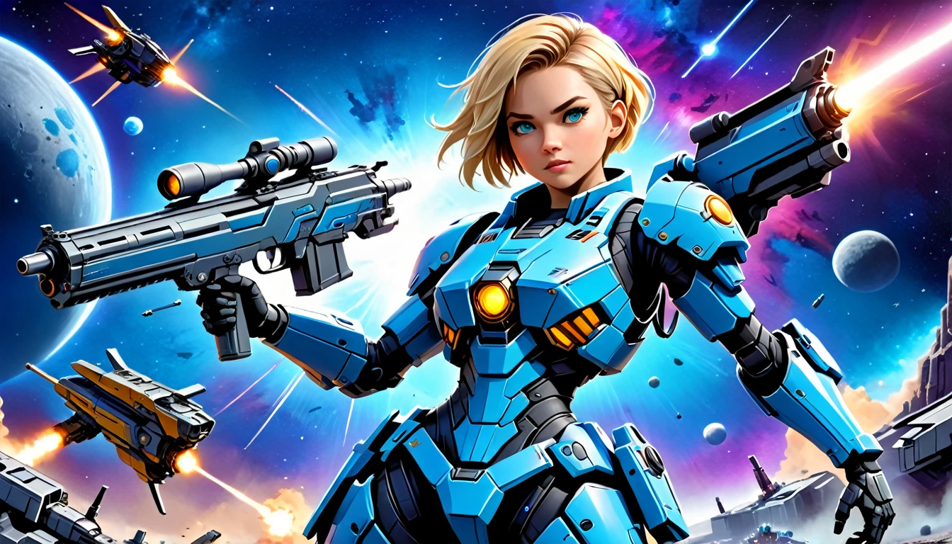 a human female mech warrior im Kampf on a moon in space, Ganzkörperaufnahme, Action-Aufnahme, eine knallharte und schöne Mech-Kriegerin, kurze blonde Haare, dynamische Augenfarbe, aufmerksamer Blick, Extrem detailliert face, bestes detailliertes Gesicht, Sie trägt eine Mech-Rüstung, und massive Sci-Fi-Waffe, im Kampf, Weltraumhintergrund, Sterne, beschwingt, ultrahohe Auflösung, Hoher Kontrast, (Meisterwerk:1.5), höchste Qualität, Beste Ästhetik), beste Details, beste Qualität, highres, (Ultraweitwinkel: 1.2), 16k, Extrem detailliert, Meisterwerk, beste Qualität, (Extrem detailliert),dunkler Roman, Mechanische Kreaturen, 