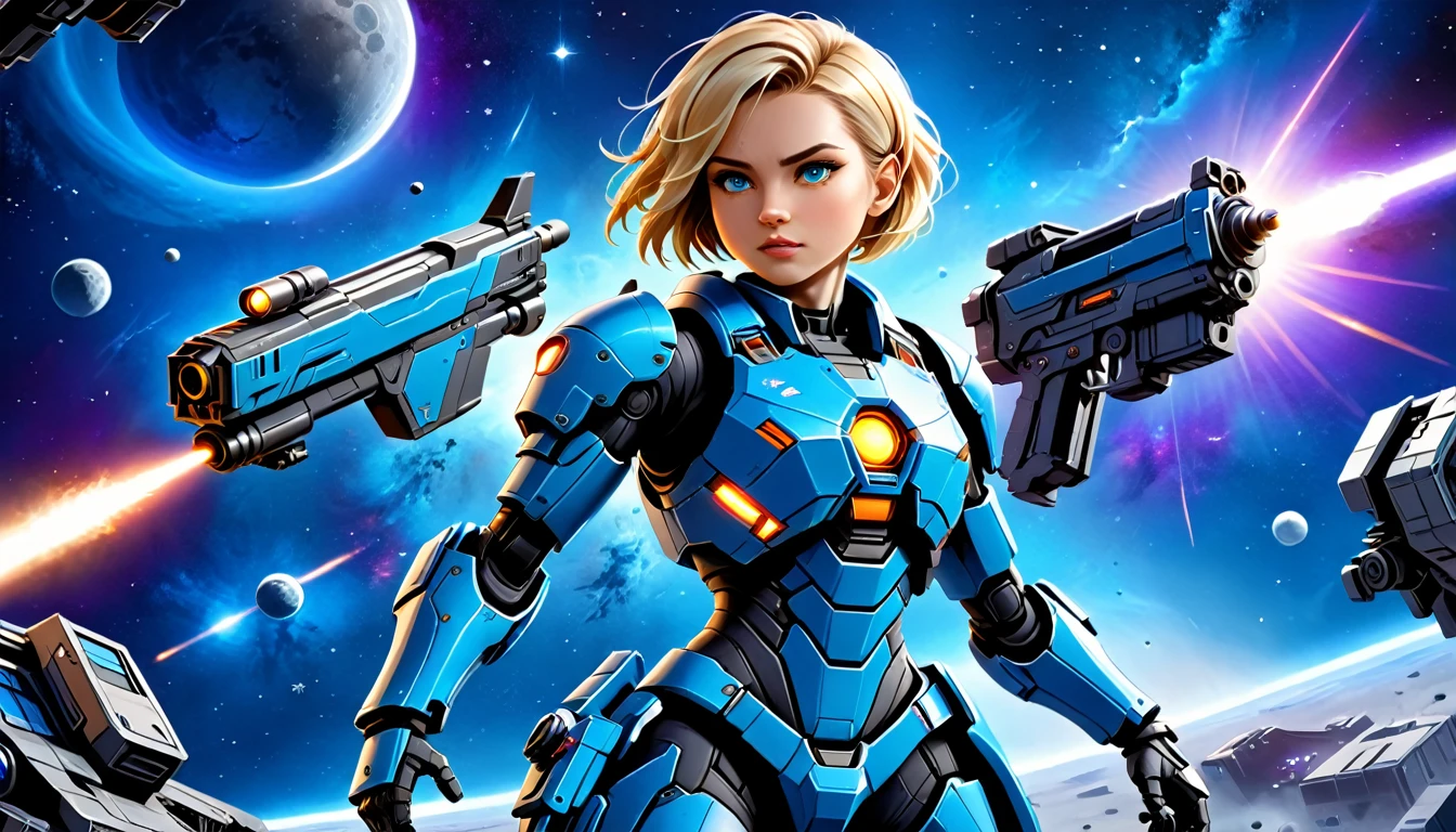 a human female mech warrior im Kampf on a moon in space, Ganzkörperaufnahme, Action-Aufnahme, eine knallharte und schöne Mech-Kriegerin, kurze blonde Haare, dynamische Augenfarbe, aufmerksamer Blick, Extrem detailliert face, bestes detailliertes Gesicht, Sie trägt eine Mech-Rüstung, und massive Sci-Fi-Waffe, im Kampf, Weltraumhintergrund, Sterne, beschwingt, ultrahohe Auflösung, Hoher Kontrast, (Meisterwerk:1.5), höchste Qualität, Beste Ästhetik), beste Details, beste Qualität, highres, (Ultraweitwinkel: 1.2), 16k, Extrem detailliert, Meisterwerk, beste Qualität, (Extrem detailliert),dunkler Roman, Mechanische Kreaturen, 