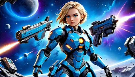 a human female mech warrior in battle on a moon in space, full body shot, action shot, a tough and beautiful female mech warrior...