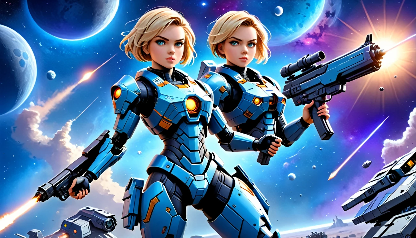 a human female mech warrior im Kampf on a moon in space, Ganzkörperaufnahme, Action-Aufnahme, eine knallharte und schöne Mech-Kriegerin, kurze blonde Haare, dynamische Augenfarbe, aufmerksamer Blick, Extrem detailliert face, bestes detailliertes Gesicht, Sie trägt eine Mech-Rüstung, und massive Sci-Fi-Waffe, im Kampf, Weltraumhintergrund, Sterne, beschwingt, ultrahohe Auflösung, Hoher Kontrast, (Meisterwerk:1.5), höchste Qualität, Beste Ästhetik), beste Details, beste Qualität, highres, (Ultraweitwinkel: 1.2), 16k, Extrem detailliert, Meisterwerk, beste Qualität, (Extrem detailliert),dunkler Roman, Mechanische Kreaturen, 