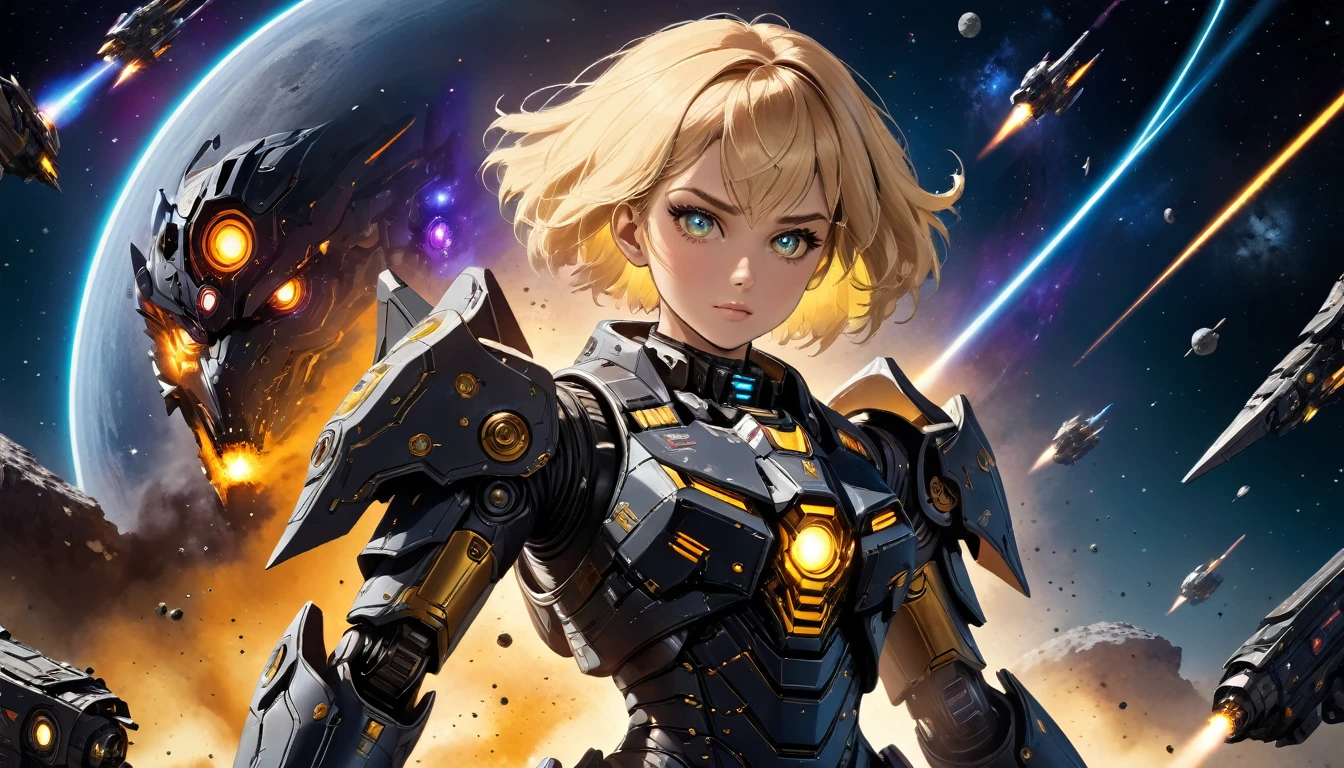 a human female mech warrior в бою on a moon in space, выстрел в полный рост, боевой выстрел, сильная и красивая женщина-воин, короткие светлые волосы, динамичный цвет глаз, пристальный взгляд, Ультра подробный face, самое детальное лицо, она носит механическую броню, и массивный научно-фантастический пистолет, в бою, Космический фон, звезды, яркий, Сверхвысокое разрешение, высокий контраст, (шедевр:1.5), высшее качество, Лучшая эстетика), лучшие детали, Лучшее качество, Высокое разрешение, (ультра широкий угол: 1.2), 16 тыс., Ультра подробный, шедевр, Лучшее качество, (чрезвычайно подробный),Темный роман, Механические существа, 