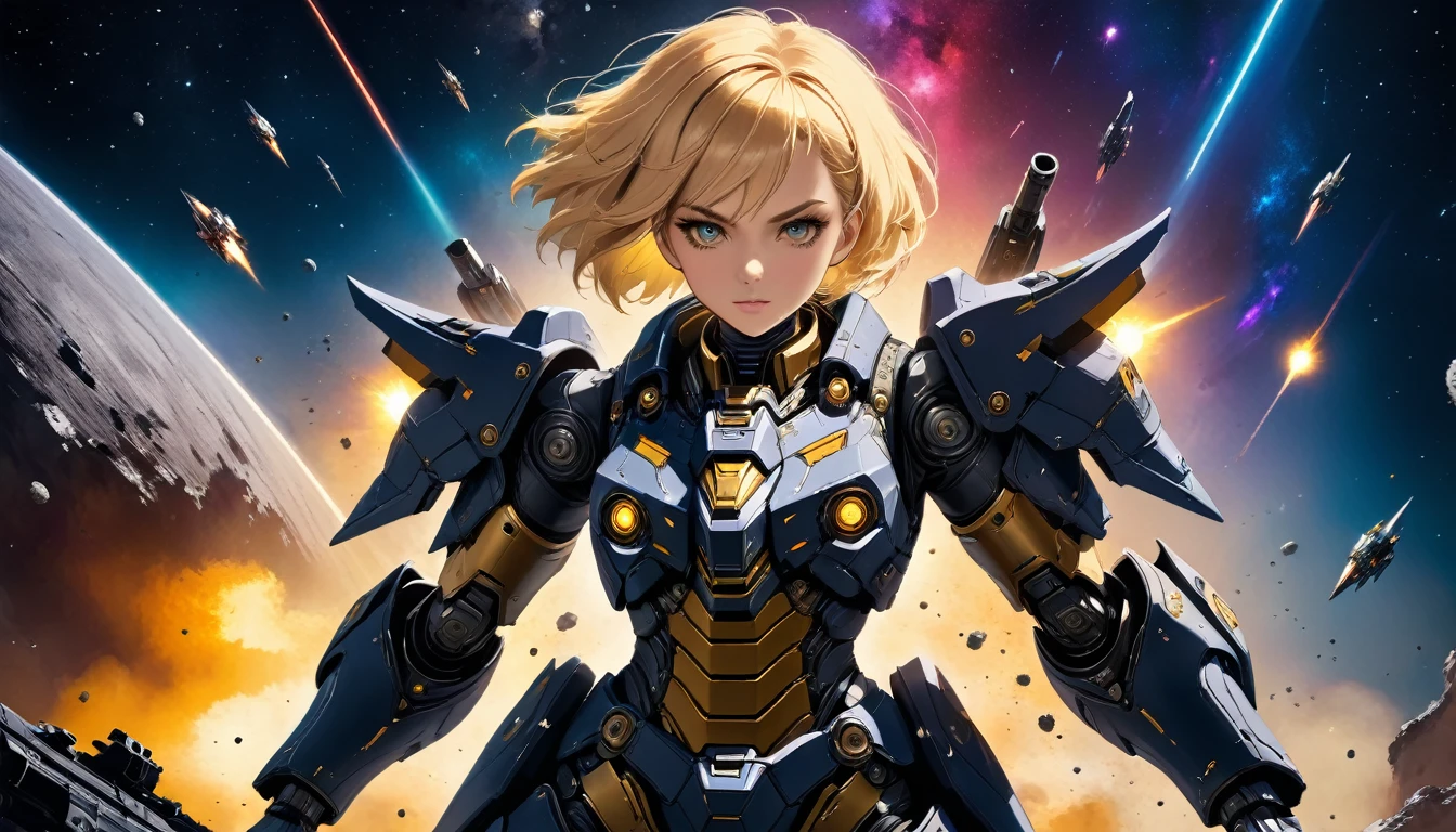 a human female mech warrior im Kampf on a moon in space, Ganzkörperaufnahme, Action-Aufnahme, eine knallharte und schöne Mech-Kriegerin, kurze blonde Haare, dynamische Augenfarbe, aufmerksamer Blick, Extrem detailliert face, bestes detailliertes Gesicht, Sie trägt eine Mech-Rüstung, und massive Sci-Fi-Waffe, im Kampf, Weltraumhintergrund, Sterne, beschwingt, ultrahohe Auflösung, Hoher Kontrast, (Meisterwerk:1.5), höchste Qualität, Beste Ästhetik), beste Details, beste Qualität, highres, (Ultraweitwinkel: 1.2), 16k, Extrem detailliert, Meisterwerk, beste Qualität, (Extrem detailliert),dunkler Roman, Mechanische Kreaturen, 