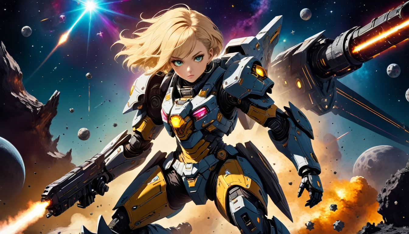 a human female mech warrior in battle on a moon in space, full body shot, action shot, a tough and beautiful female mech warrior, short blond hair, dynamic eye color, intent gaze, ultra detailed face, best detailed face, she wears mech armor, and massive sci-fi gun, in battle, outer space background, stars, vibrant, Ultra-high resolution, High Contrast, (masterpiece:1.5), highest quality, Best aesthetics), best details, best quality, highres, (ultra wide angle: 1.2), 16k, ultra detailed, masterpiece, best quality, (extremely detailed),dark novel, Mechanical Creatures, 