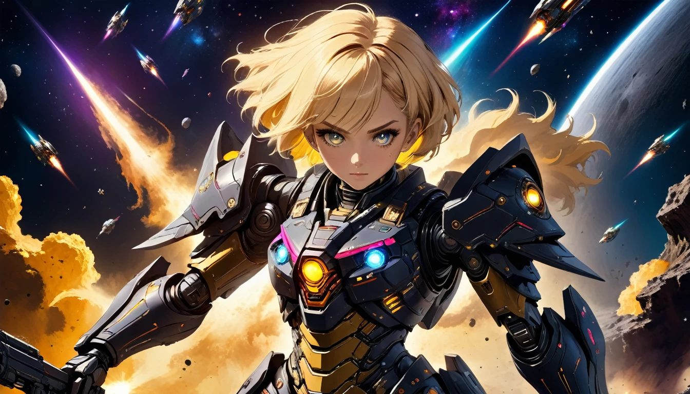 a female mech warrior in battle on a moon in space, full body shot, action shot, a tough and beautiful female mech warrior, short blond hair, dynamic eye color, intent gaze, ultra detailed face, best detailed face, she wears mech armor, and massive sci-fi gun, in battle, outer space background, stars, vibrant, Ultra-high resolution, High Contrast, (masterpiece:1.5), highest quality, Best aesthetics), best details, best quality, highres, (ultra wide angle: 1.2), 16k, ultra detailed, masterpiece, best quality, (extremely detailed),aetherpunkai, Mechanical Creatures, lasgun