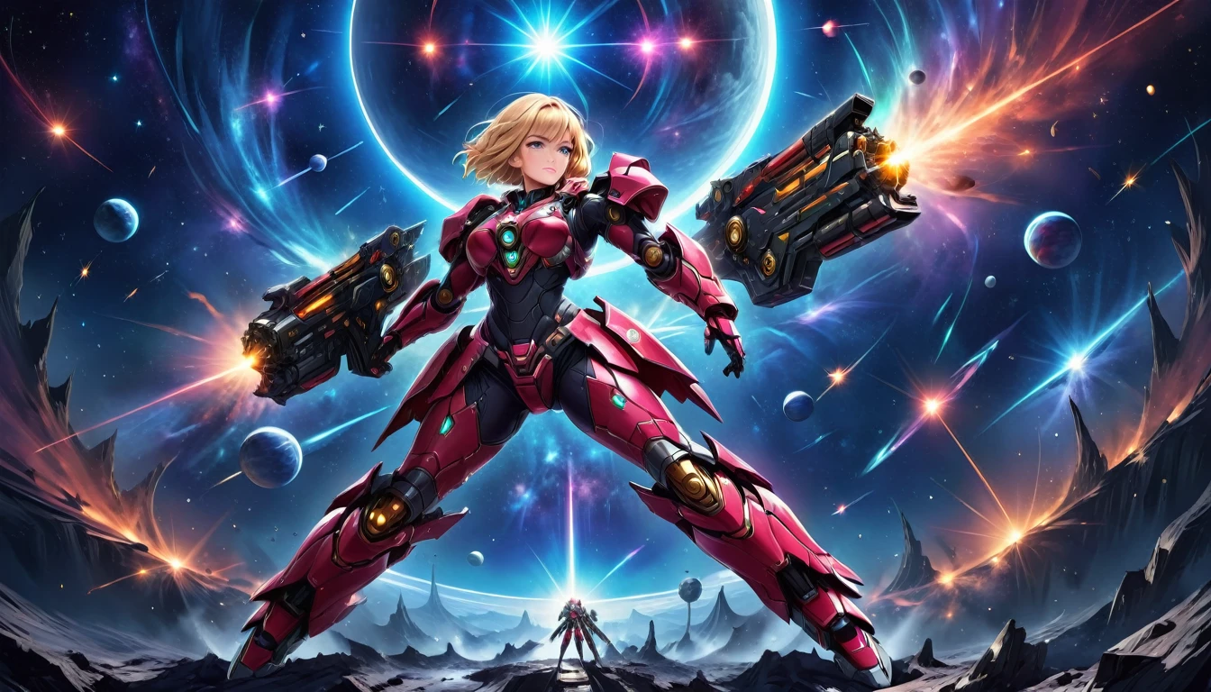 a human female mech warrior im Kampf on a moon in space, Ganzkörperaufnahme, Action-Aufnahme, eine knallharte und schöne Mech-Kriegerin, kurze blonde Haare, dynamische Augenfarbe, aufmerksamer Blick, Extrem detailliert face, bestes detailliertes Gesicht, Sie trägt eine Mech-Rüstung, und massive Sci-Fi-Waffe, im Kampf, Weltraumhintergrund, Sterne, beschwingt, ultrahohe Auflösung, Hoher Kontrast, (Meisterwerk:1.5), höchste Qualität, Beste Ästhetik), beste Details, beste Qualität, highres, (Ultraweitwinkel: 1.2), 16k, Extrem detailliert, Meisterwerk, beste Qualität, (Extrem detailliert),dunkler Roman, Mechanische Kreaturen, 