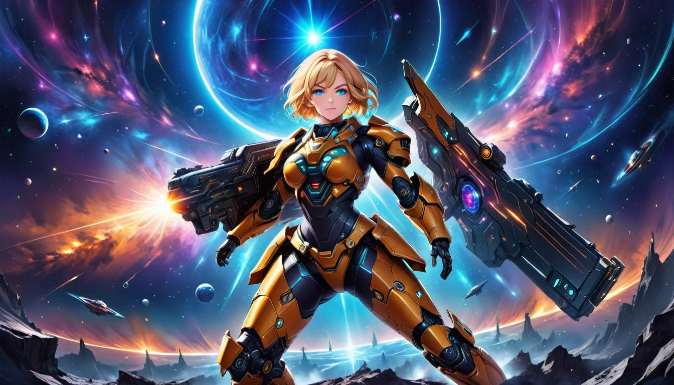 a human female mech warrior in battle on a moon in space, full body shot, action shot, a tough and beautiful female mech warrior, short blond hair, dynamic eye color, intent gaze, ultra detailed face, best detailed face, she wears mech armor, and massive sci-fi gun, in battle, outer space background, stars, vibrant, Ultra-high resolution, High Contrast, (masterpiece:1.5), highest quality, Best aesthetics), best details, best quality, highres, (ultra wide angle: 1.2), 16k, ultra detailed, masterpiece, best quality, (extremely detailed),dark novel, Mechanical Creatures, 