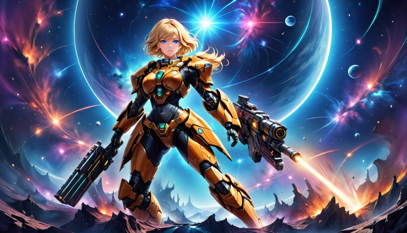 a human female mech warrior 戦闘中 on a moon in space, 全身ショット, アクションショット, タフで美しい女性メカ戦士, 短いブロンドの髪, ダイナミックな目の色, 真剣な視線, 超詳細 face, 最も詳細な顔, 彼女はメカの鎧を着ている, そして巨大なSF銃, 戦闘中, 宇宙背景, 出演者, 活気のある, 超高解像度, ハイコントラスト, (傑作:1.5), 最高品質, 最高の美学), 最高の詳細, 最高品質, 高解像度, (超広角: 1.2), 16k, 超詳細, 傑作, 最高品質, (非常に詳細な),ダークノベル, 機械生物, 