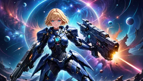 a human female mech warrior in battle on a moon in space, full body shot, action shot, a tough and beautiful female mech warrior...