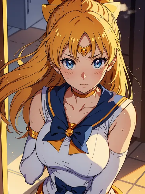 girl, sweat, steam, medium breast, shy, detailed hand, looking at viewer, sailor venus