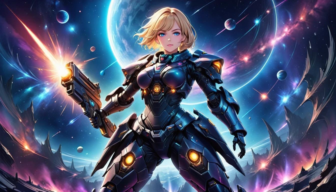 a female mech warrior in battle on a moon in space, full body shot, action shot, a tough and beautiful female mech warrior, short blond hair, dynamic eye color, intent gaze, ultra detailed face, best detailed face, she wears mech armor, and massive sci-fi gun, in battle, outer space background, stars, vibrant, Ultra-high resolution, High Contrast, (masterpiece:1.5), highest quality, Best aesthetics), best details, best quality, highres, (ultra wide angle: 1.2), 16k, ultra detailed, masterpiece, best quality, (extremely detailed),aetherpunkai, Mechanical Creatures, lasgun