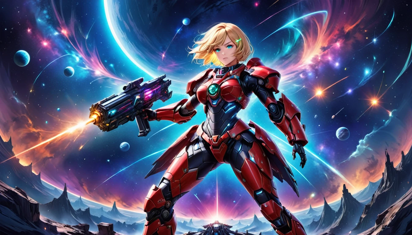 a human female mech warrior 戦闘中 on a moon in space, 全身ショット, アクションショット, タフで美しい女性メカ戦士, 短いブロンドの髪, ダイナミックな目の色, 真剣な視線, 超詳細 face, 最も詳細な顔, 彼女はメカの鎧を着ている, 巨大なSF銃を持っている, 戦闘中, 宇宙背景, 出演者, 活気のある, 超高解像度, ハイコントラスト, (傑作:1.5), 最高品質, 最高の美学), 最高の詳細, 最高品質, 高解像度, (超広角: 1.2), 16k, 超詳細, 傑作, 最高品質, (非常に詳細な),ダークノベル, 機械生物, 