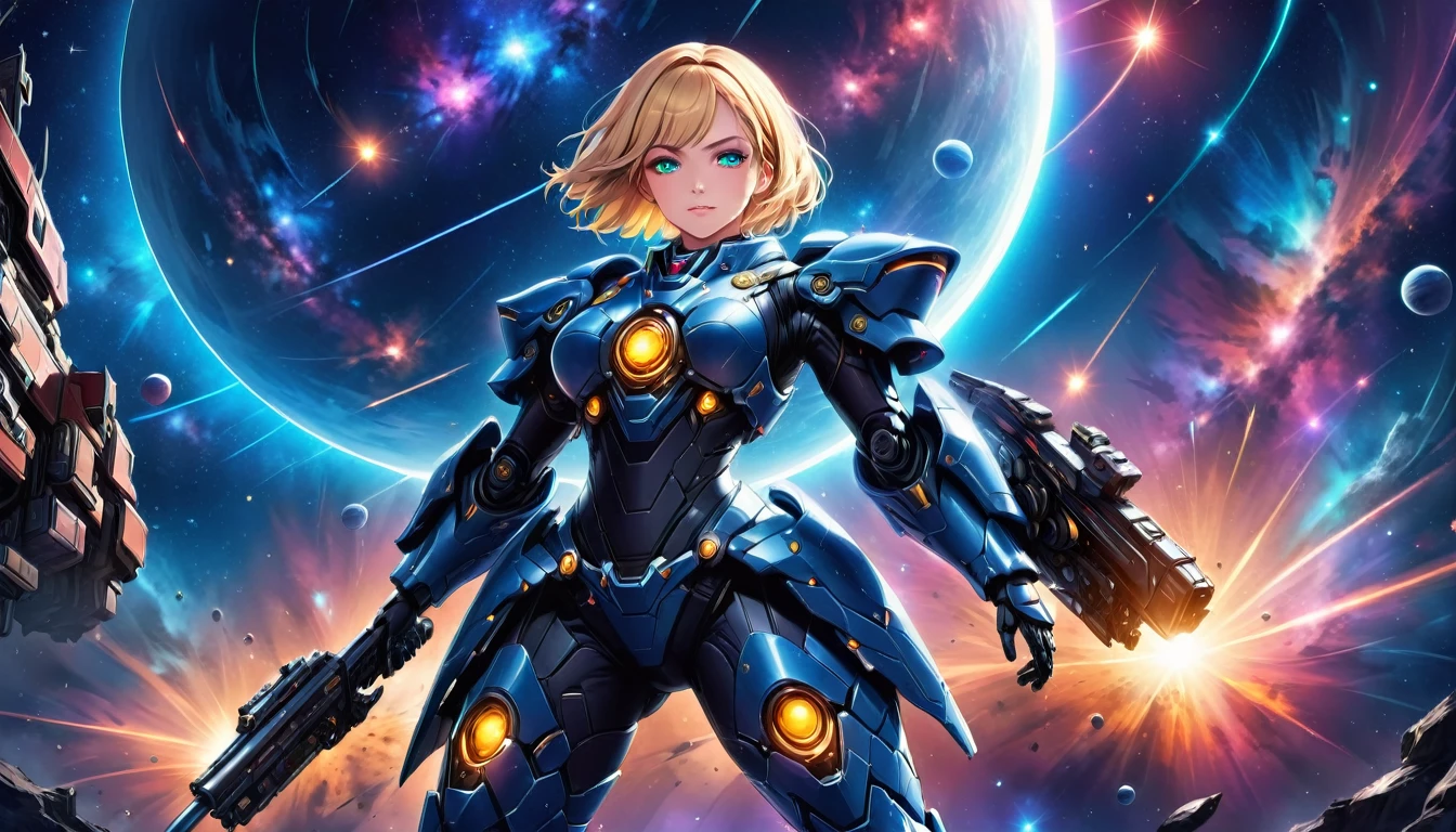 a human female mech warrior im Kampf on a moon in space, Ganzkörperaufnahme, Action-Aufnahme, eine knallharte und schöne Mech-Kriegerin, kurze blonde Haare, dynamische Augenfarbe, aufmerksamer Blick, Extrem detailliert face, bestes detailliertes Gesicht, Sie trägt eine Mech-Rüstung, hält eine riesige Science-Fiction-Waffe, im Kampf, Weltraumhintergrund, Sterne, beschwingt, ultrahohe Auflösung, Hoher Kontrast, (Meisterwerk:1.5), höchste Qualität, Beste Ästhetik), beste Details, beste Qualität, highres, (Ultraweitwinkel: 1.2), 16k, Extrem detailliert, Meisterwerk, beste Qualität, (Extrem detailliert),dunkler Roman, Mechanische Kreaturen, 