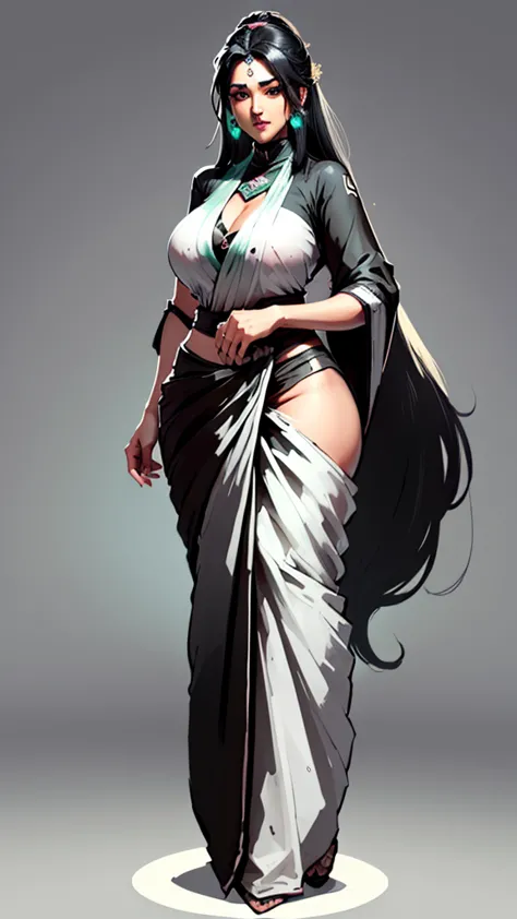 valorant, ((sage)), game character, beautiful,  ((black and white outfit)), (((saree))), big size breasts, cleavage, black long ...