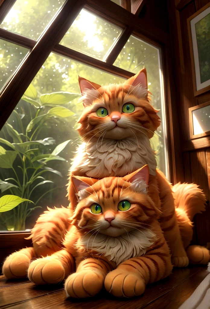 In a cozy cottage nestled in a lush green forest, a fluffy cute ginger cat named Oliver lounged on a sunlit windowsill. His fur glistened in the morning light, and his big, round eyes sparkled with curiosity as he watched the birds fluttering outside. (good quality:1.2), (Ultradetailed:1.2), (ultradetailed face:1.2), (ultradetailed body:1.2)