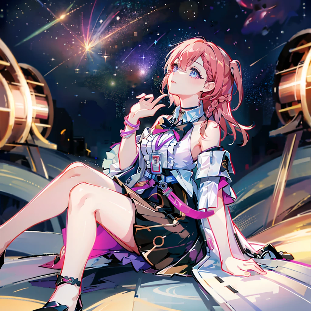 1girll, ova \(Honkai: star rail\), Detached sleeves, High heels, high waisted skirt, Sleeveless shirt, ID cards, overskirt, anklet, thigh band, Bracelet, Hairpin, belt, neck bowtie, choker necklace, Starry sky, Sitting, yokozuwari, Looking up, meteors, Outdoors, Depth of field, (Extremely detailed Cg Unity 8K wallpaper,Masterpiece, Best quality, Ultra-detailed, Beautiful detailed eyes:1.2) With black horns 