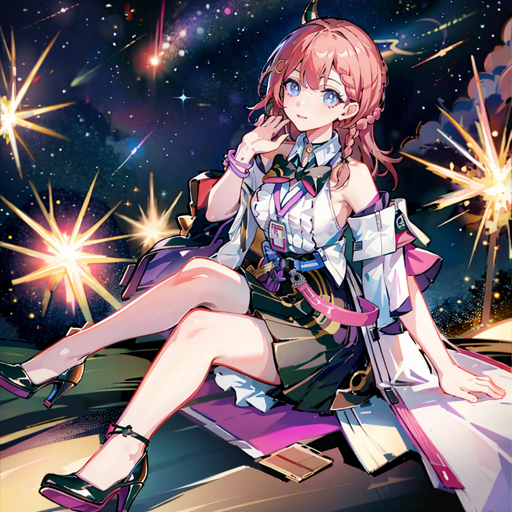 1girll, ova \(Honkai: star rail\), Detached sleeves, High heels, high waisted skirt, Sleeveless shirt, ID cards, overskirt, anklet, thigh band, Bracelet, Hairpin, belt, neck bowtie, choker necklace, Starry sky, Sitting, yokozuwari, Looking up, meteors, Outdoors, Depth of field, (Extremely detailed Cg Unity 8K wallpaper,Masterpiece, Best quality, Ultra-detailed, Beautiful detailed eyes:1.2) With black horns 