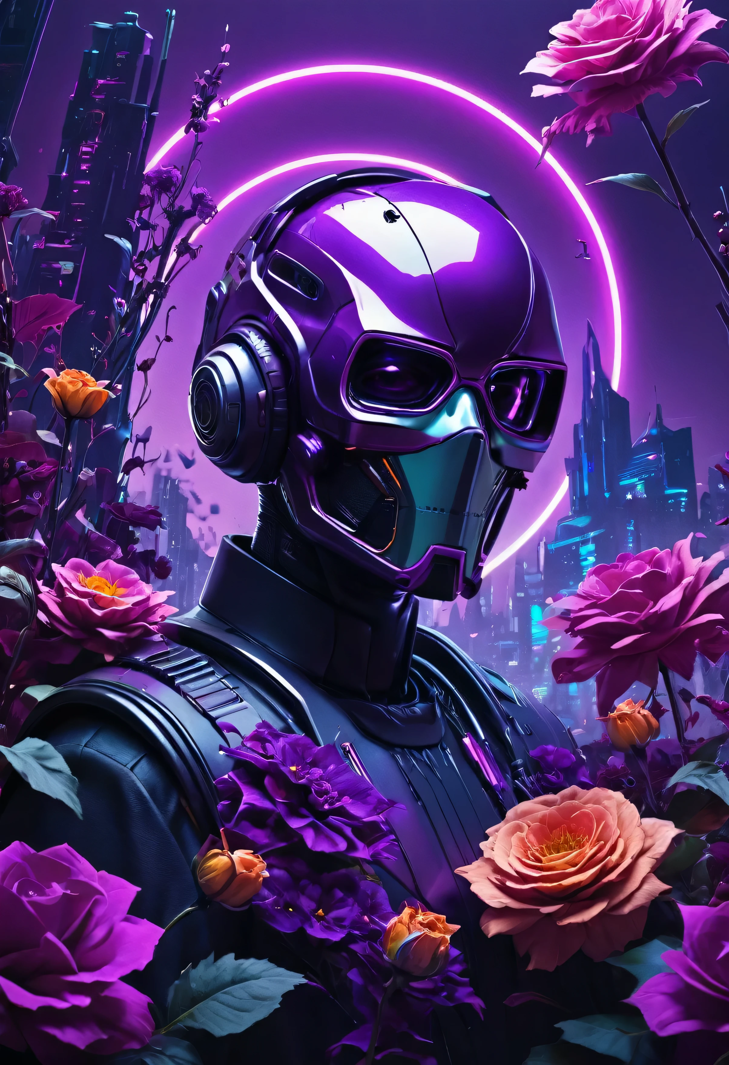 Cinematic vision, abstrait, sin humanos, Cyberwave Cyberpunk Halloween Themed Poster with Flowers, no human, Metallic elements, Acidic colors: Unripe, purple