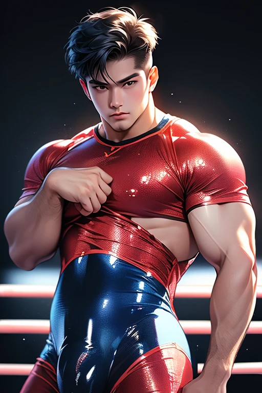 ((Best Quality, 8K, ultra-detailed, Masterpiece: 1.3)), 1boy, shiny skin, sharp, Perfect Body Beauty, realistic shaded perfect body, (cute baby face:1.1),("wrestling wear, big bulge ":1.2),(dynamic pose:1.1), thigh , bedroom , (bulge focus:1.2)