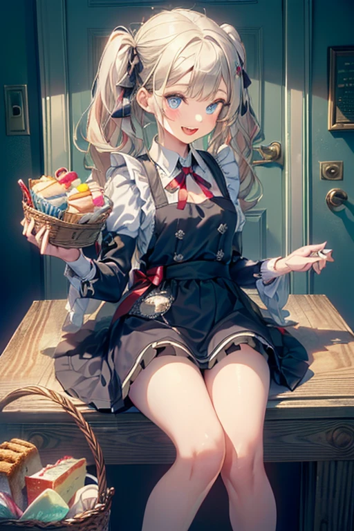 (perky chest:1.2), (pointed chest:1.2),(((Black Tunic:1.3))),(((cakes and bread in the basket),Cute and beautiful girl,Cute round face,Cute smile,with blush cheeks,Red Lip,a girl 22 years old, nsfw:1.2, beautiful body:1.3), shinny skin, BREAK, ((alice in the wonderland:1.3, cute, kawaii, lovely, funny, a girl falling down from sky:1.3, girl flying in sky:1.2, girl floating in air:1.3, rolling upskirt by wind:1.5, (with sparkling eyes and a contagious smile),open mouth, Looking at Viewer, surprised, putting hands on crotch over the skirts:1.35)), BREAK, ((floating things as follows:1.3, PlayingCards, Trump, tea cup, tea pot, tea spoons, pocket watch:1.3, lip sticks, candies:1.2, cookies, jam bottles, classical door_keys)), ((long purply_Blue dress :1.5, wearing long flaired skirt:1.3, the skirt is blowing:1.3, cute White Apron, black stockingedium long platinum-blonde hair:1.2, twin tail hair:1.6, tied hair with a large ribbon), (Blue eyes, bright pupils with highlights, detailed eyes), (lying down on your back:0.7, spreading legs with rising up straight:0.7), sexy posture, fantastic colorful art, (fantasy art:1.2, wondered images), ((correct anatomy:1.5, perfect anatomy:1.3, correct hand, small foot:1.2)), 