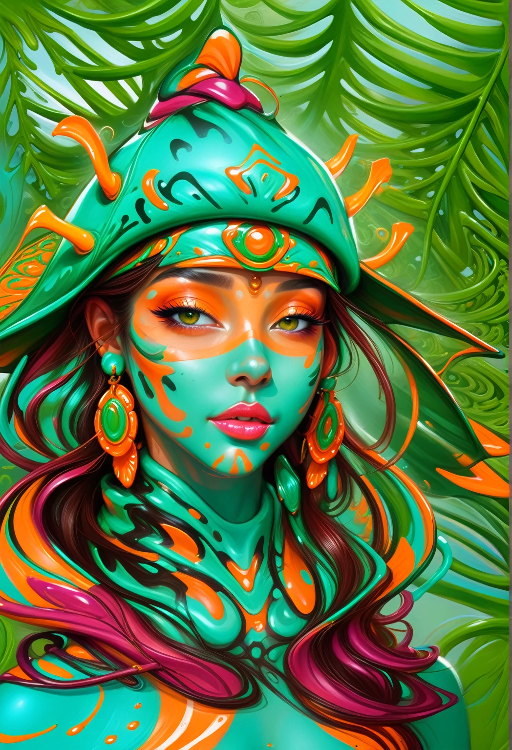 arafed woman with green and orange body paint and a hat, vibrant digital painting, painting by android jones, colorful digital painting, stunning digital painting, digital airbrush painting, detailed digital painting, intricate digital painting, rossdraws cartoon vibrant, digital painting highly detailed, highly detailed digital painting, very detailed digital painting, airbrush digital art, gorgeous digital painting