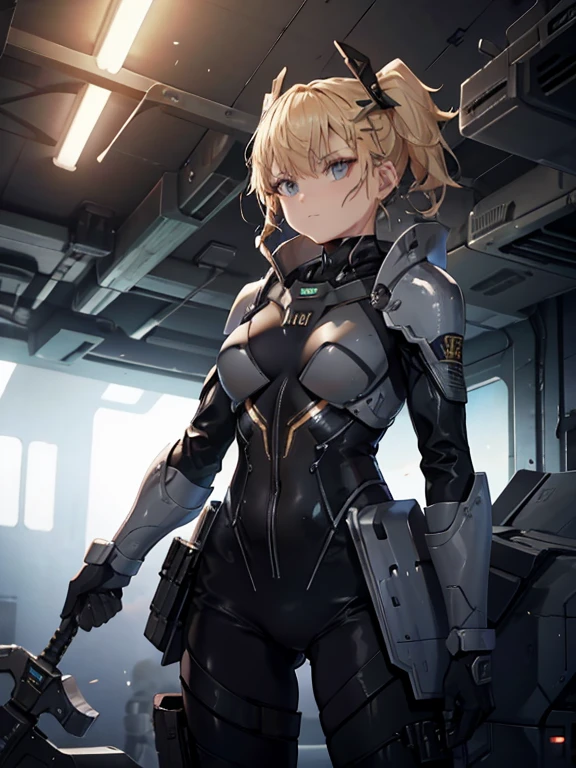 1 european woman in combat clothes,battle ax, detailed beautiful face,blonde hair,black battle suit, sci-fi,in spaceship,highres,