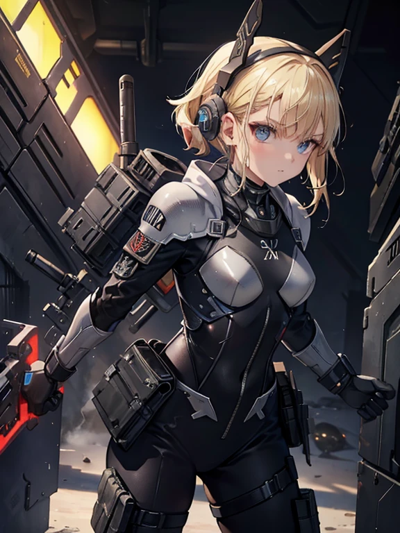 1 european woman in combat clothes,battle ax, detailed beautiful face,blonde hair,black battle suit, sci-fi,in spaceship,highres,