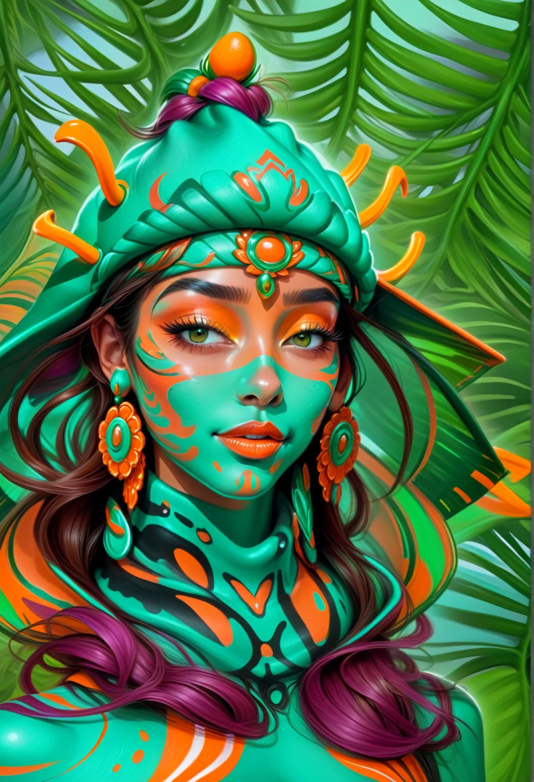 arafed woman with green and orange body paint and a hat, vibrant digital painting, painting by android jones, colorful digital painting, stunning digital painting, digital airbrush painting, detailed digital painting, intricate digital painting, rossdraws cartoon vibrant, digital painting highly detailed, highly detailed digital painting, very detailed digital painting, airbrush digital art, gorgeous digital painting