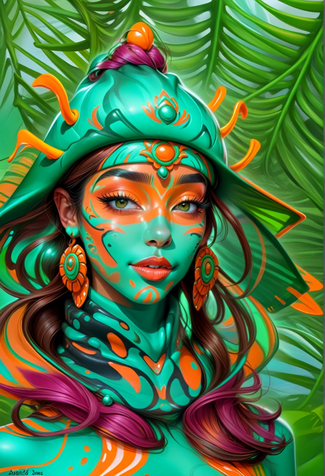 arafed woman with green and orange body paint and a hat, vibrant digital painting, painting by android jones, colorful digital painting, stunning digital painting, digital airbrush painting, detailed digital painting, intricate digital painting, rossdraws cartoon vibrant, digital painting highly detailed, highly detailed digital painting, very detailed digital painting, airbrush digital art, gorgeous digital painting