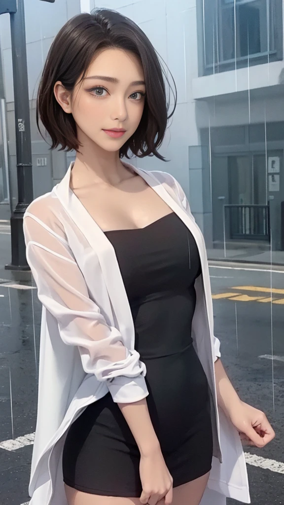 ((highest quality, 8k, masterpiece:1.3)), concentrated: 1.2, Perfect body beauty: 1.4, Hips: 1.2, ((Short layered haircuts, chest: 1.2)), (Wet clothes: 1.1), (rain, street:1.3), long cardigan、Silk bandeau dress: 1.1, Highly detailed face and skin texture, Beautiful Eyes, double eyelid, Whitening skin, Long Hair, (shut up: 1.3), smile