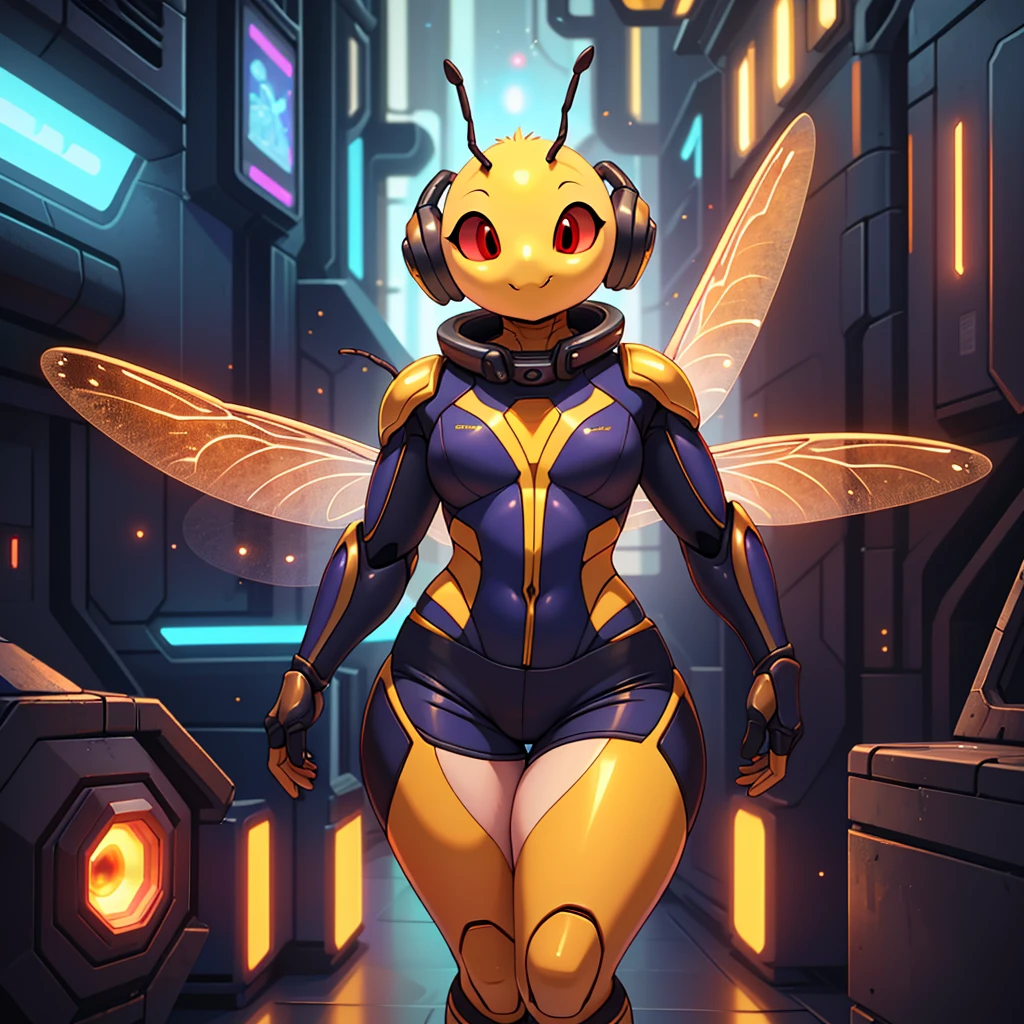 (masterpiece), (best quality), (high res) (solo), (perfect anatomy) (perfect face), bee, ((insect)), anthropomorphic bee, (((insectoid)), (1girl), thick thighs, wide hips, flat chest, (cyberpunk space suit), (mini shorts), (red bug eyes)), happy, ((segmented body)), no nose, (face integrated little fangs), long blank antennas, wings, insect body, ((((noseless)))), ((((no nose))))