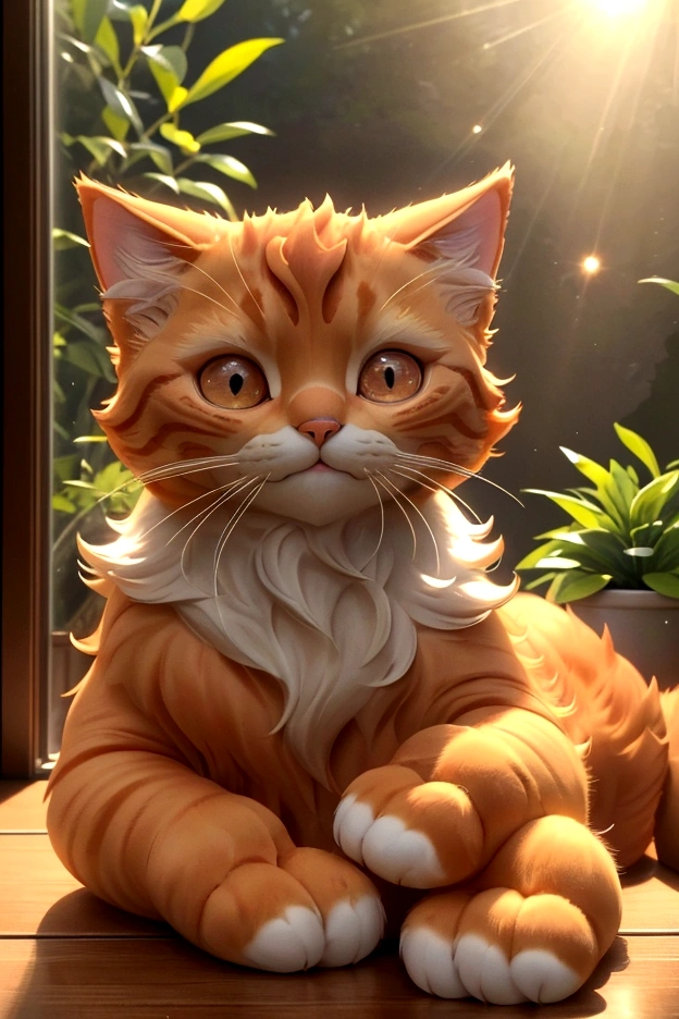 Oliver, die flauschige süße rote Katze, träge gestreckt, seine weichen Pfoten streckten sich aus, um das Glas zu berühren. Sein Gesicht erhellte sich mit einem zufriedenen Lächeln, als die warme Sonne sein Fell zum Leuchten brachte. Er schnurrte zufrieden, den ruhigen Morgen genießen. (gute Qualität:1.2), (ultradetailliert:1.2), (ultradetailliertes Gesicht:1.2), (ultradetaillierter Körper:1.2)