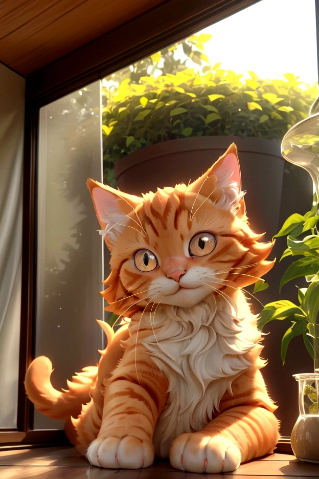 Oliver, die flauschige süße rote Katze, träge gestreckt, seine weichen Pfoten streckten sich aus, um das Glas zu berühren. Sein Gesicht erhellte sich mit einem zufriedenen Lächeln, als die warme Sonne sein Fell zum Leuchten brachte. Er schnurrte zufrieden, den ruhigen Morgen genießen. (gute Qualität:1.2), (ultradetailliert:1.2), (ultradetailliertes Gesicht:1.2), (ultradetaillierter Körper:1.2)